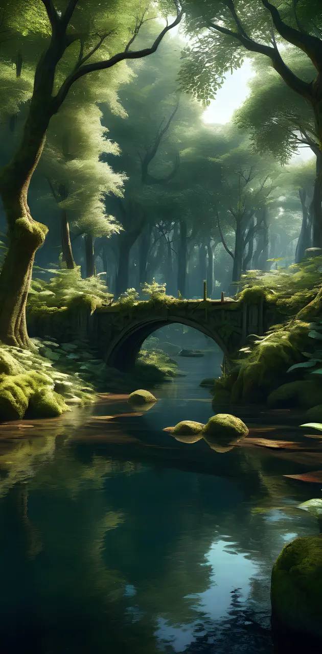 a bridge over a stream in a forest