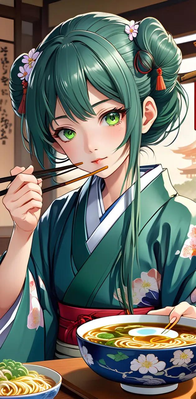 Traditional anime woman eating ramen