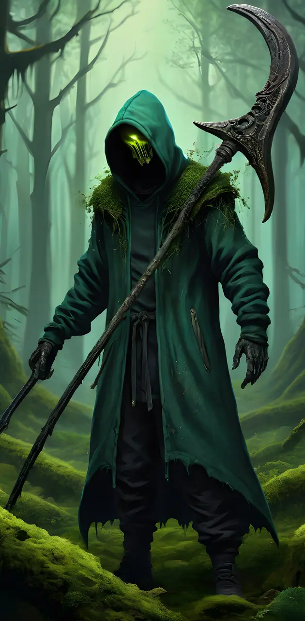 Hoodie spear scythe mask forest moss