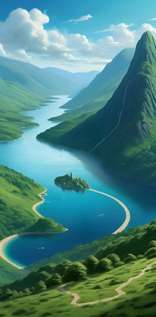 green hills, blue lake