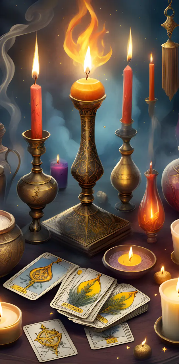 Tarot, tall candles, tarot cards,
