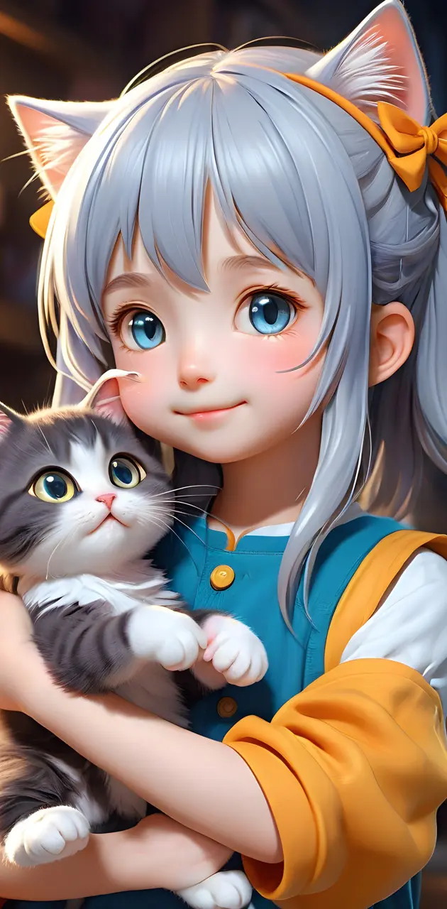 a cute anime girl holding a cat