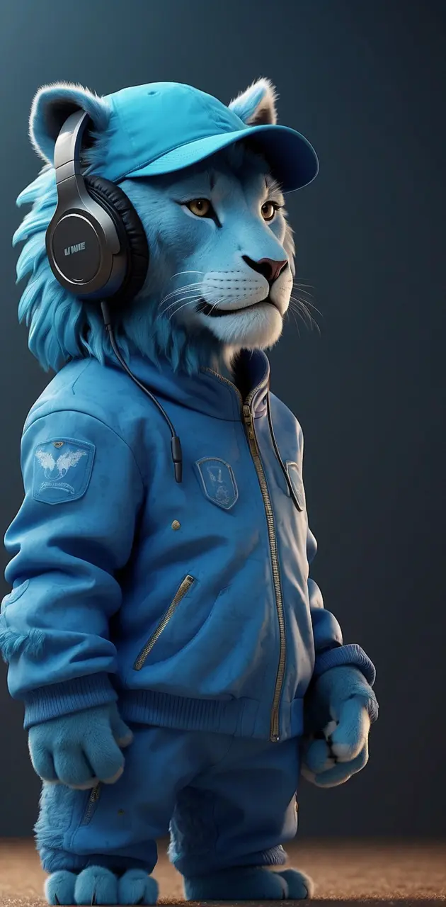 A blue lion standing upright and wearing a matching blue