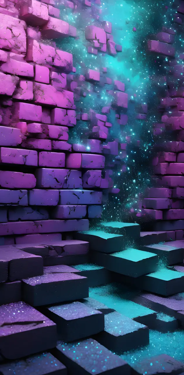 a brick wall with a tree and purple lights