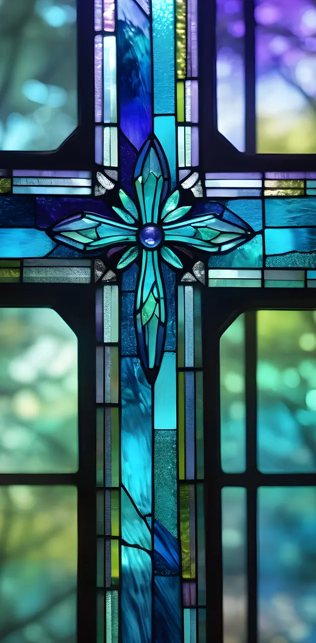 stained glass cross in greens and blues
