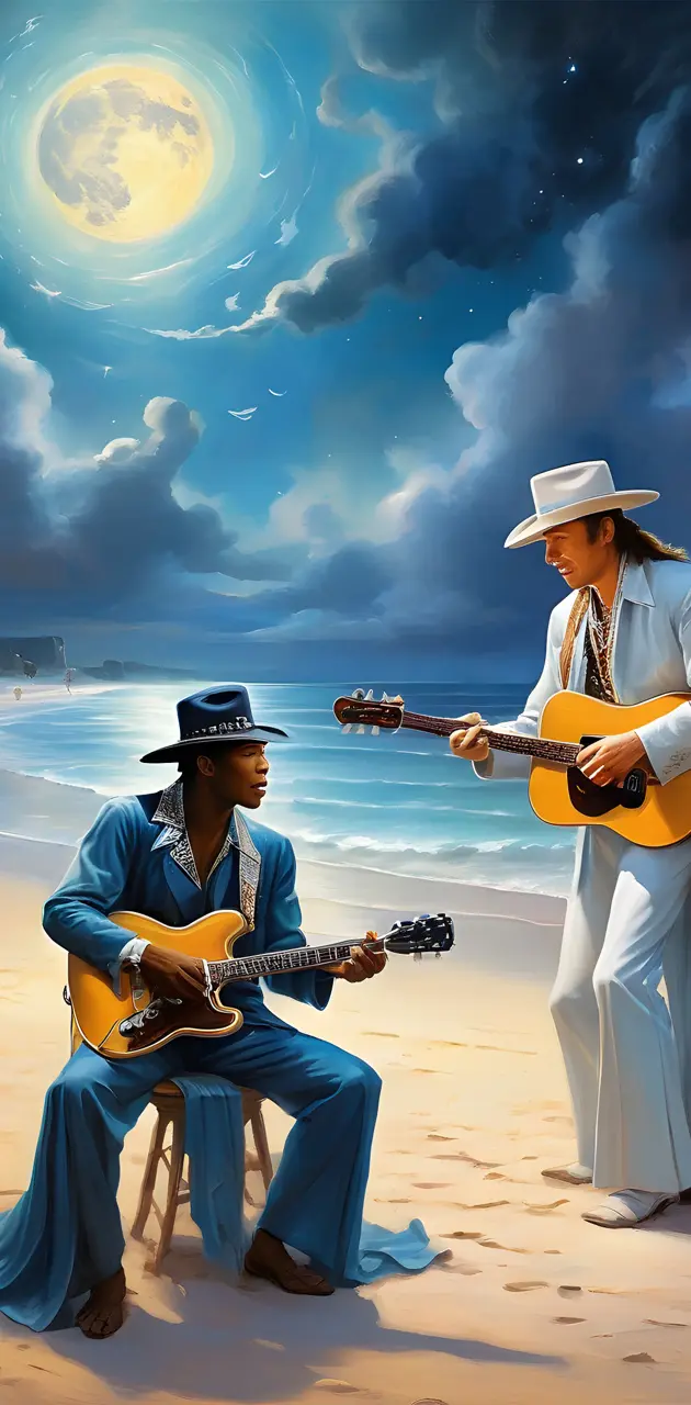 Sam Cooke & SRV playing music on beach