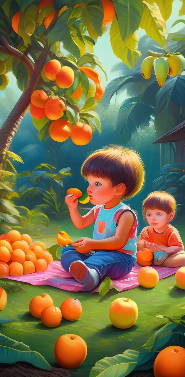 children in fruit garden