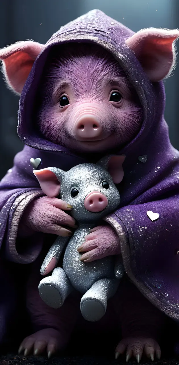 a small pink pig wearing a purple jacket and holding a stuffed animal