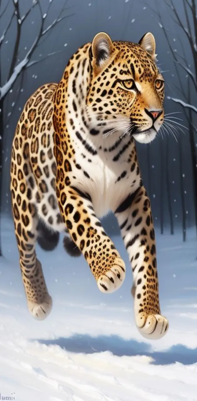 A leopard running through fallen snow 