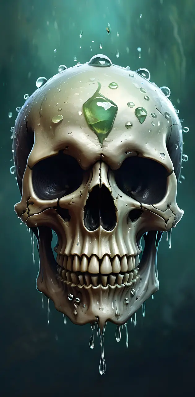 a skull with a green leaf