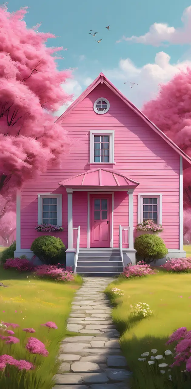 a pink house with a walkway and trees around it