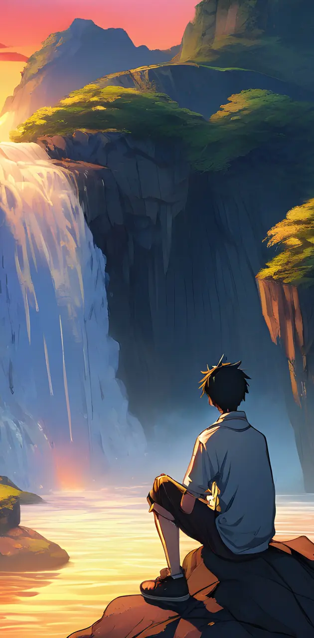 an anime character sitting on a rock looking at a waterfall