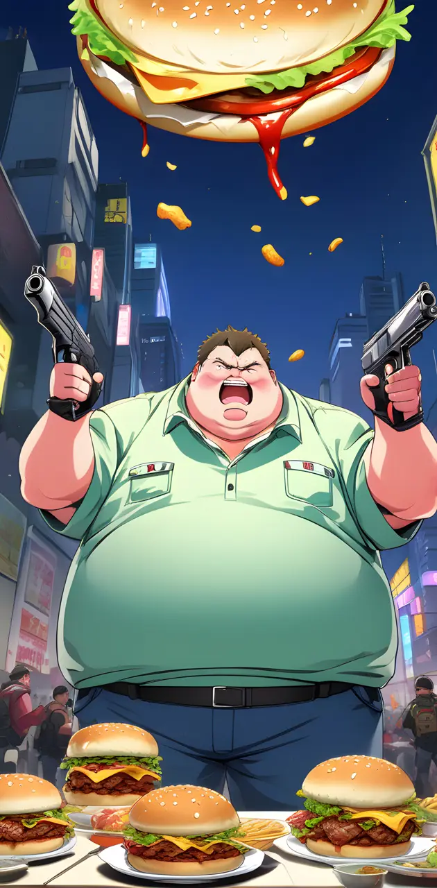 Fat guy shooting burgers with dual glocks.