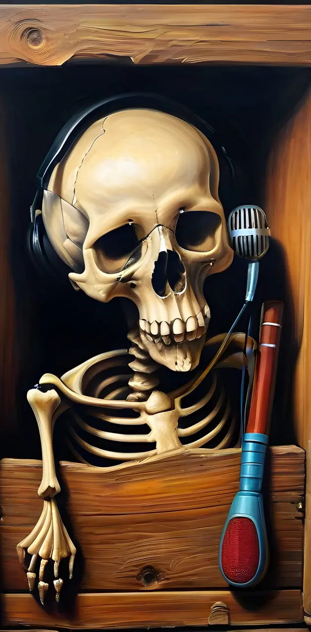 macabre skull with microphone on an old wooden box