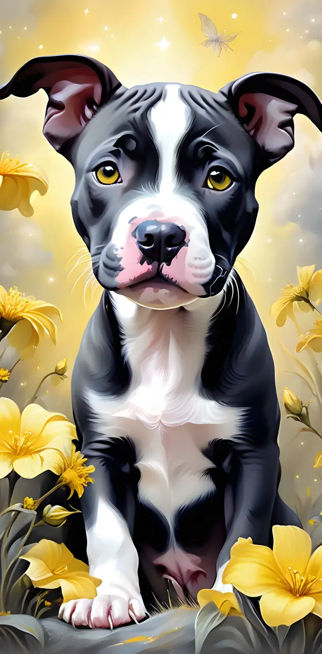 pit pup and yellow flowers