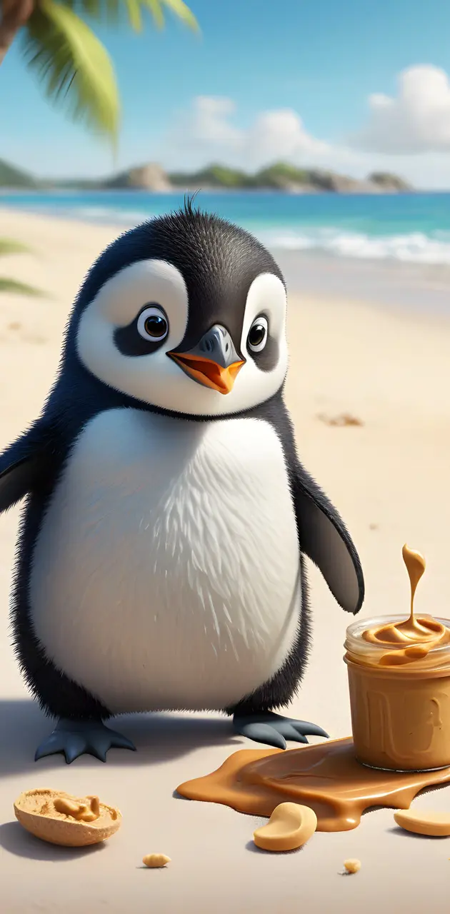 Cute pinguin on a beach eating peanuts