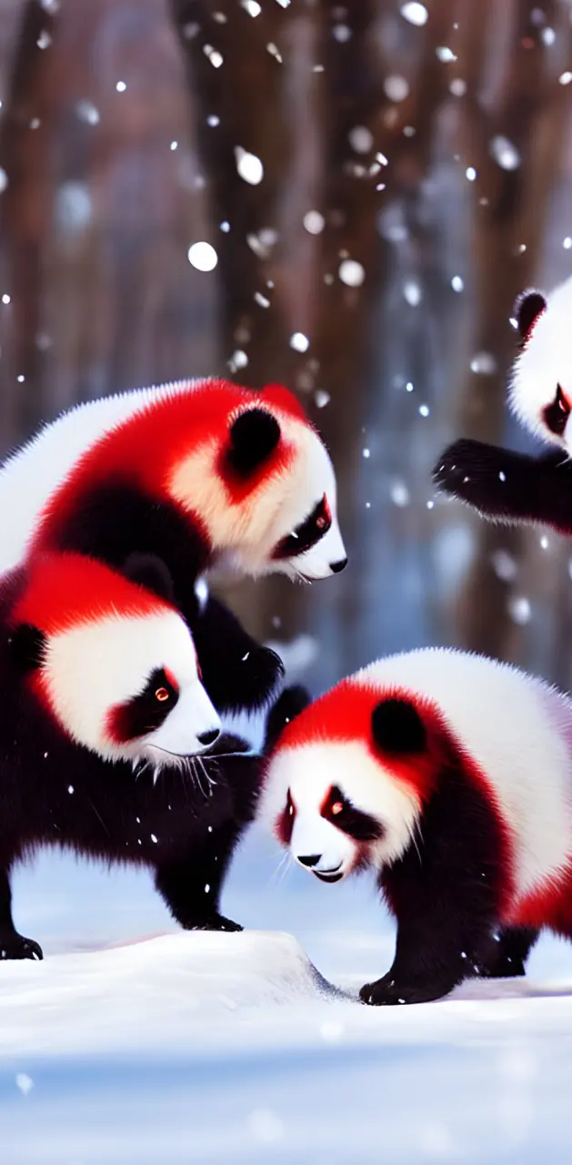 Pandas playing in snow