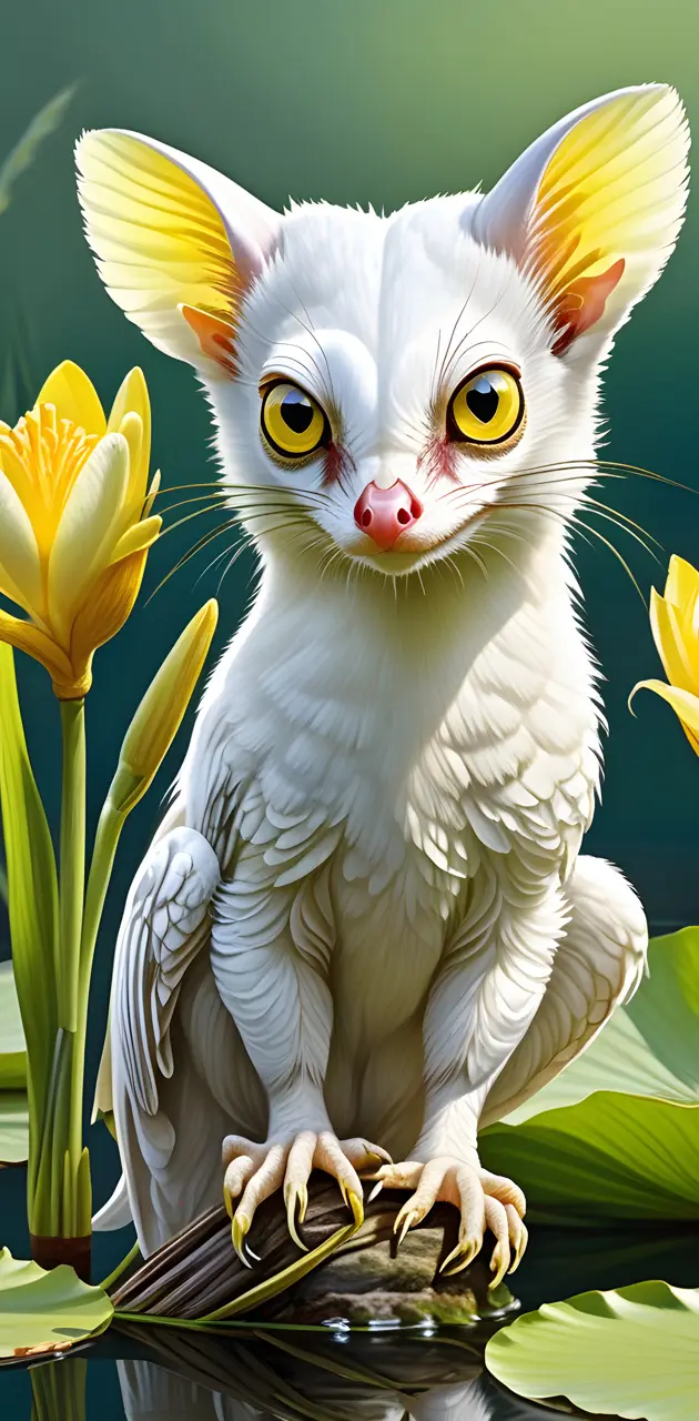 a white cat with yellow eyes