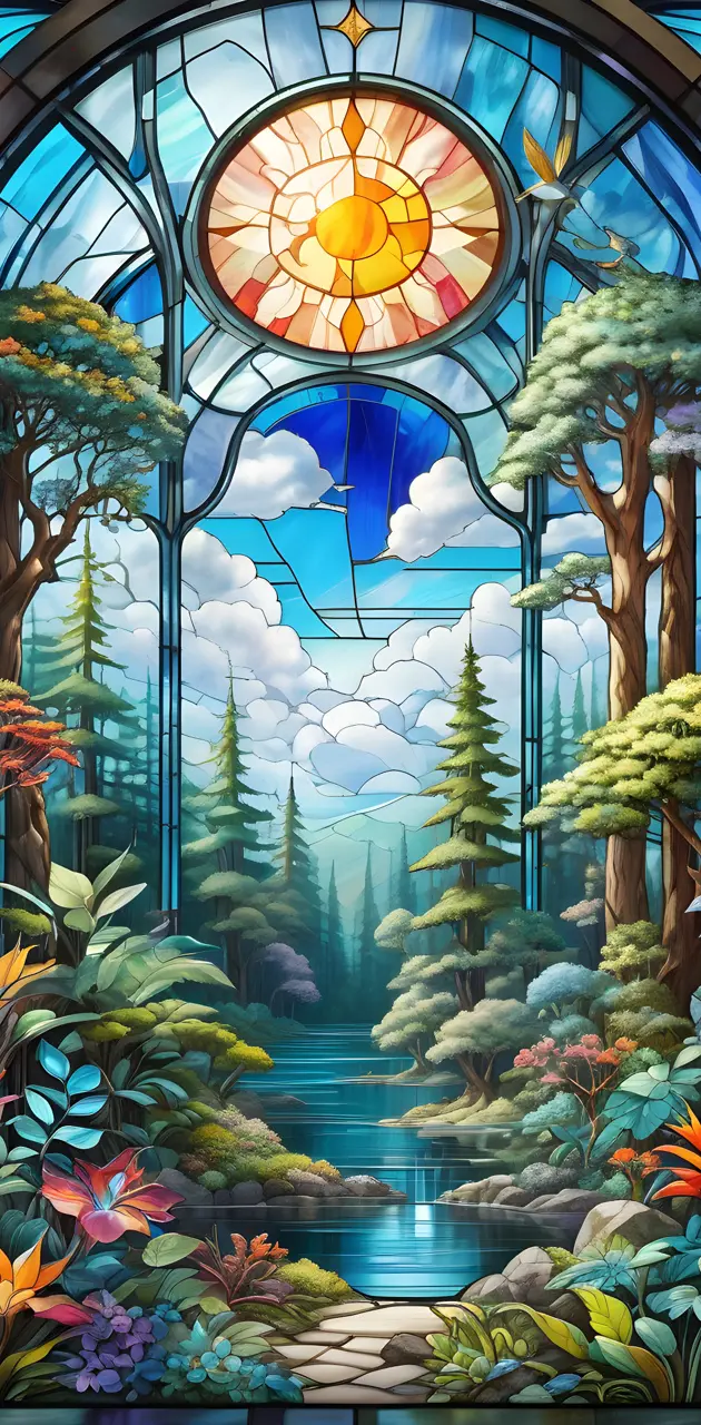stream woods stained glass