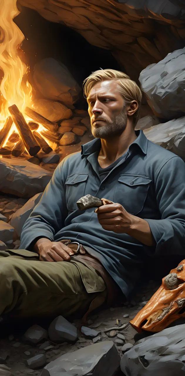 a man sitting next to a fire