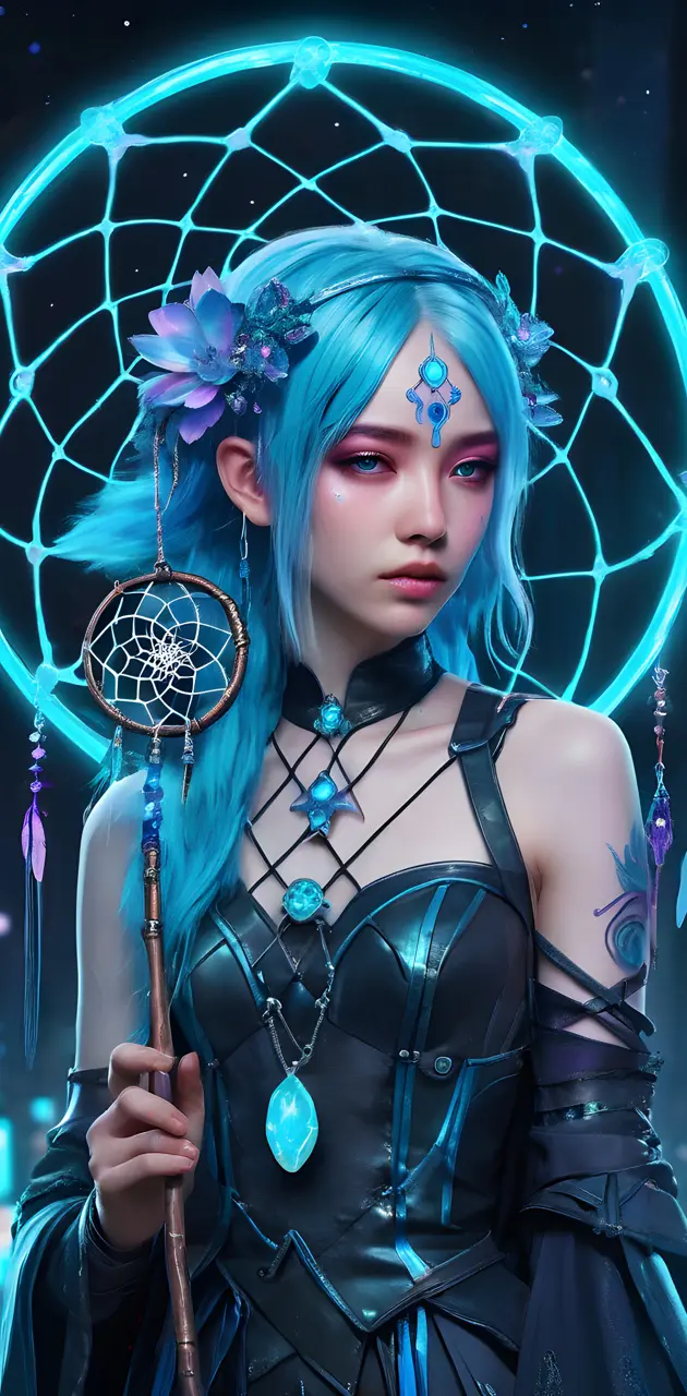 Cyberpunk Girl With Turquoise Hair And Dreamcatcher