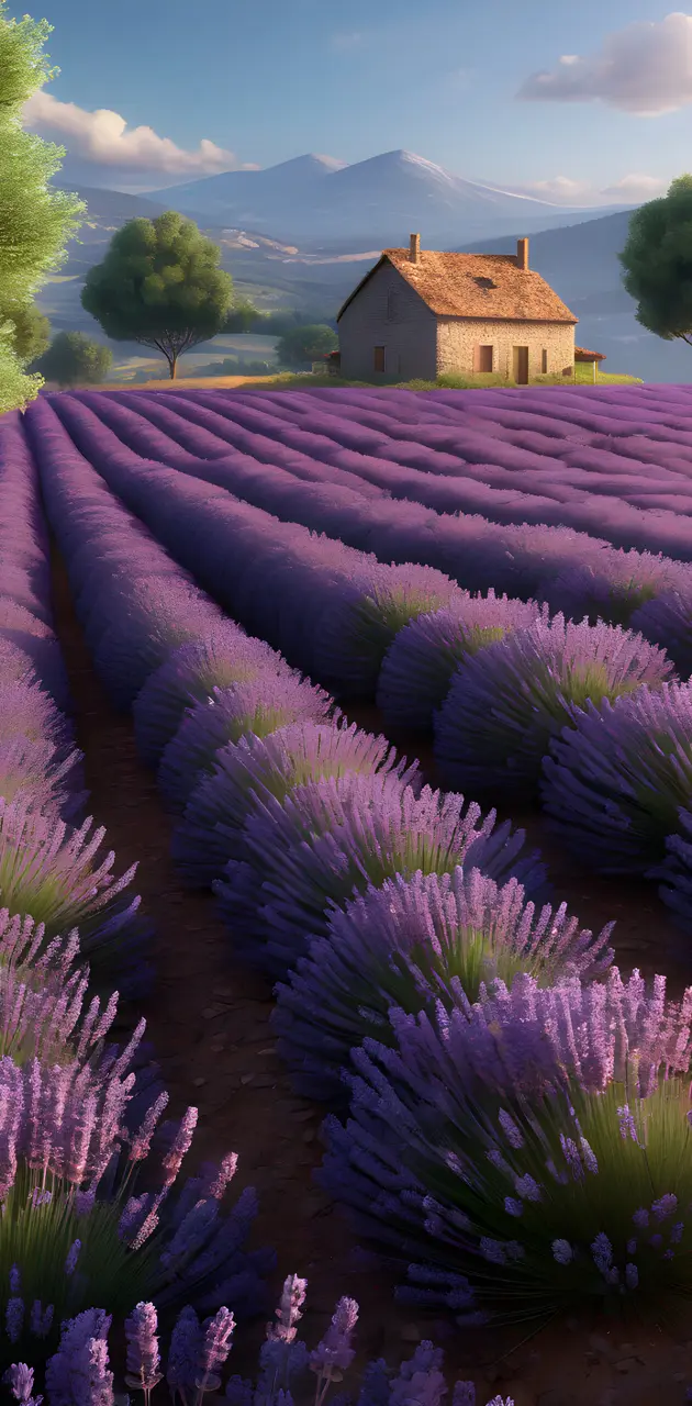 a field of purple lavander with a house in the background
