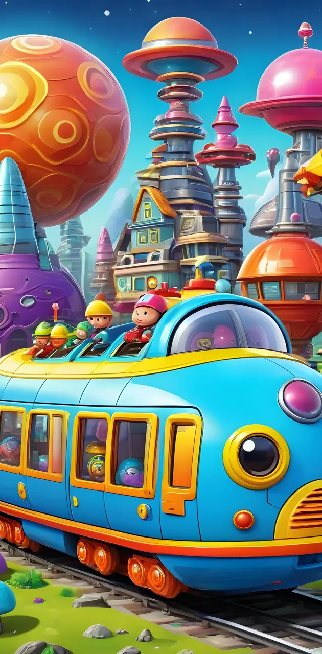 a colorful train with a cartoon character on it