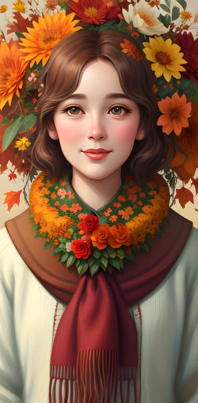Autumn woman with flowers in her hair rare beauty Well-Dressed Vintage