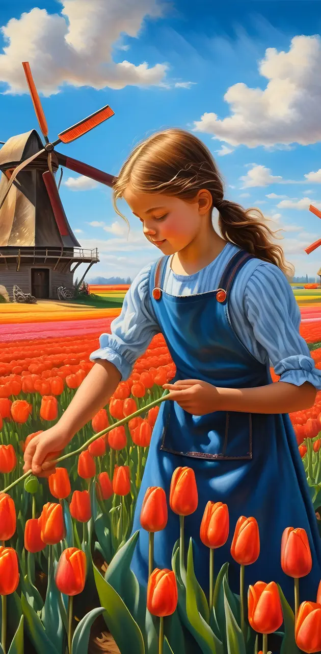little girl picking tulips for grandma's birthday