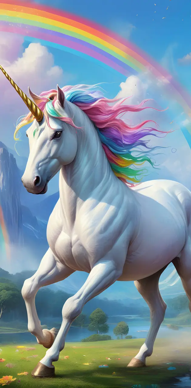 a unicorn with a rainbow in the background