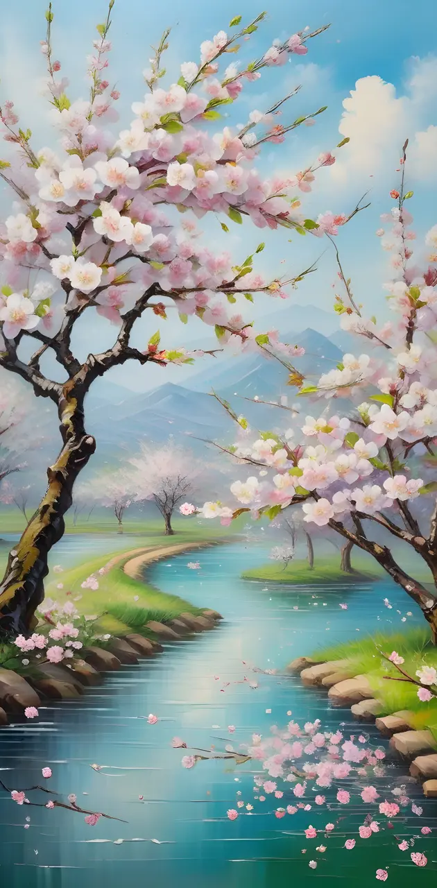 young cherry blossom trees, babbling brook