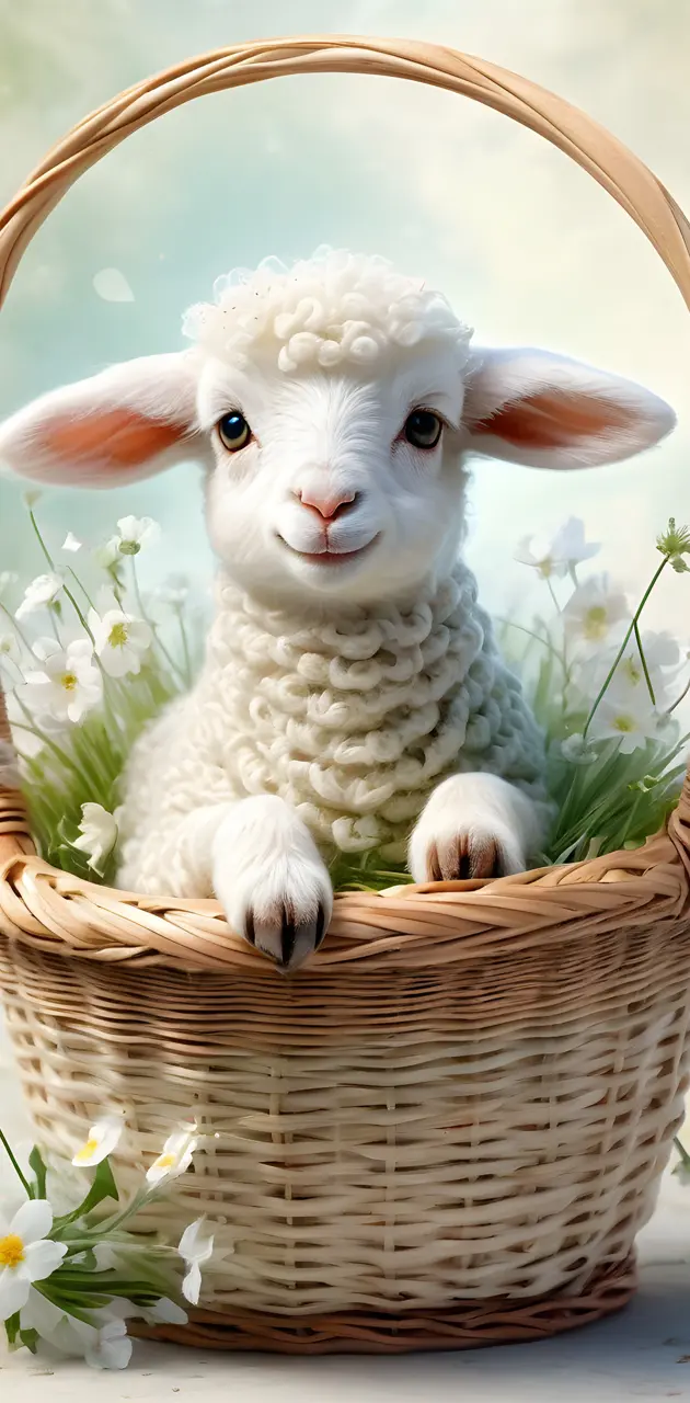 a white goat in a basket