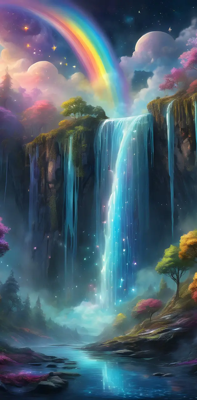 a waterfall with colorful lights