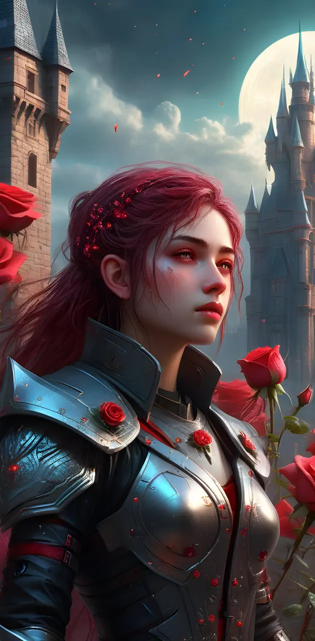 Girl With Red Hair Wearing Rose Armor And Medival Castle
