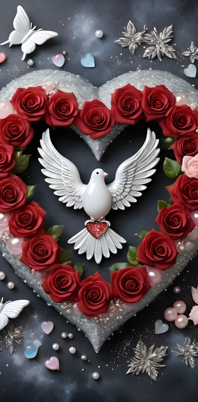 red dozen roses with a dove