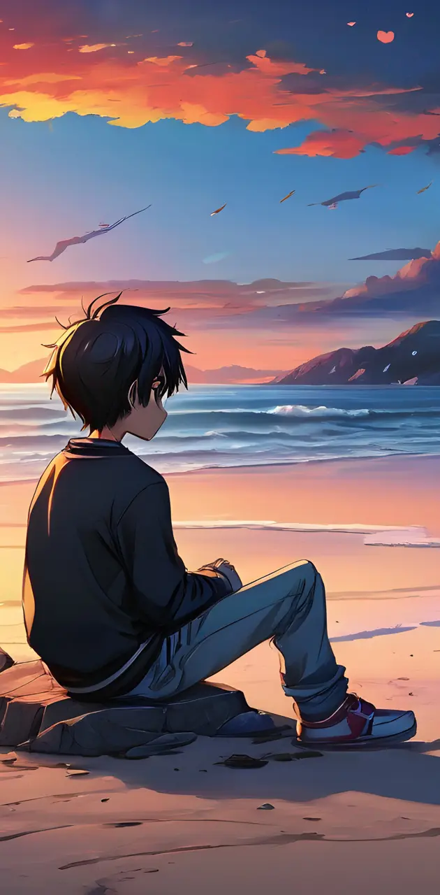 sad boy sitting beside beach