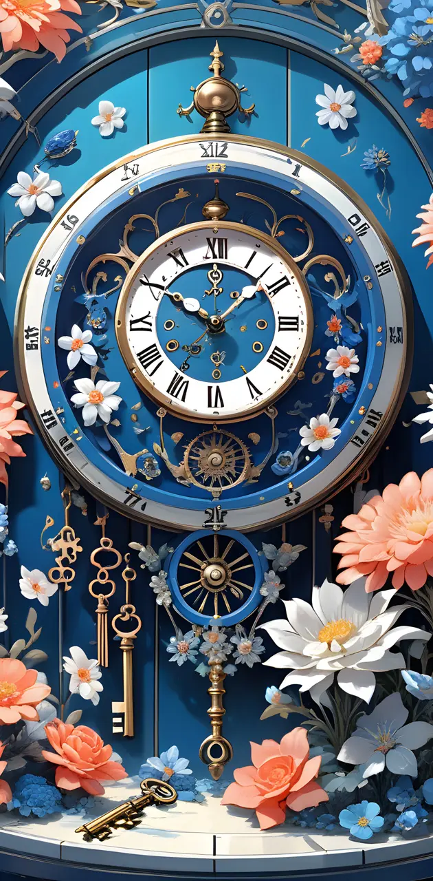 beautiful blue clock keys and flowers