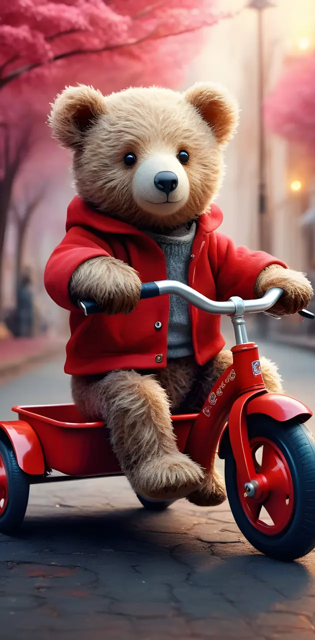 a teddy bear riding a small red bike