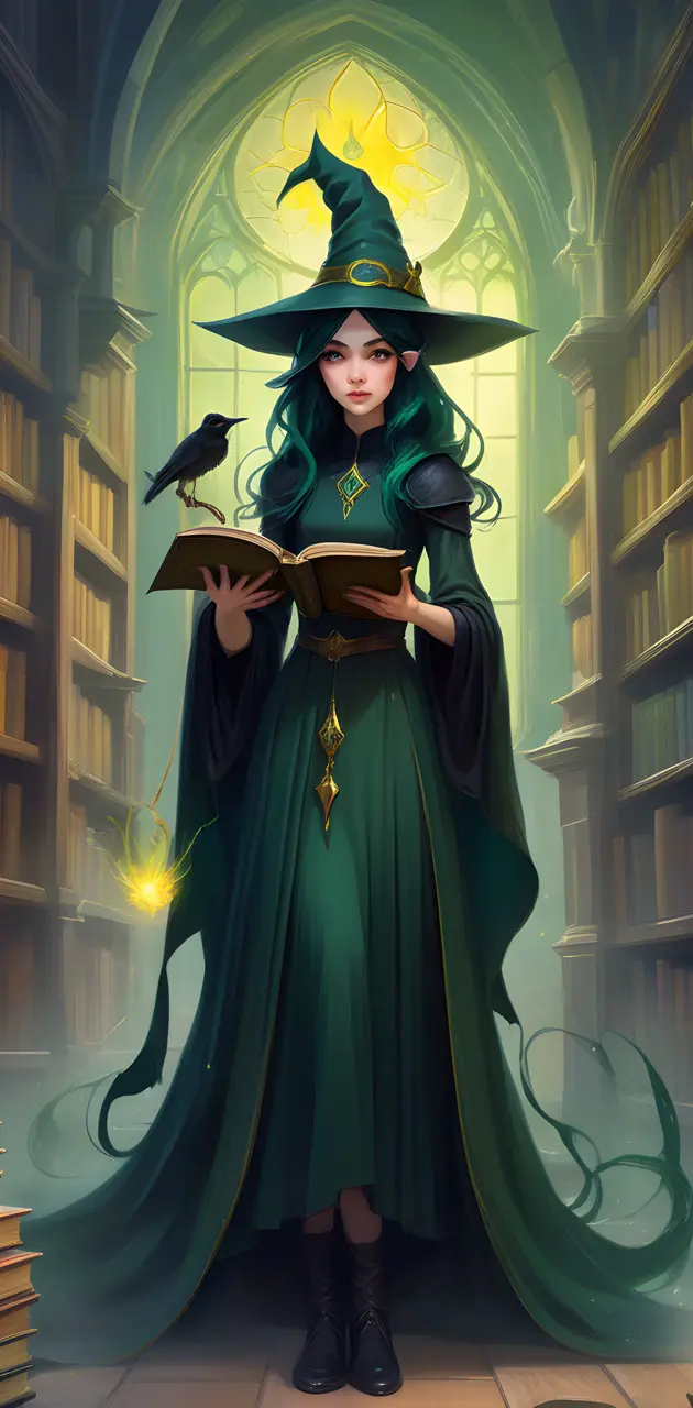 Beautiful witch in library