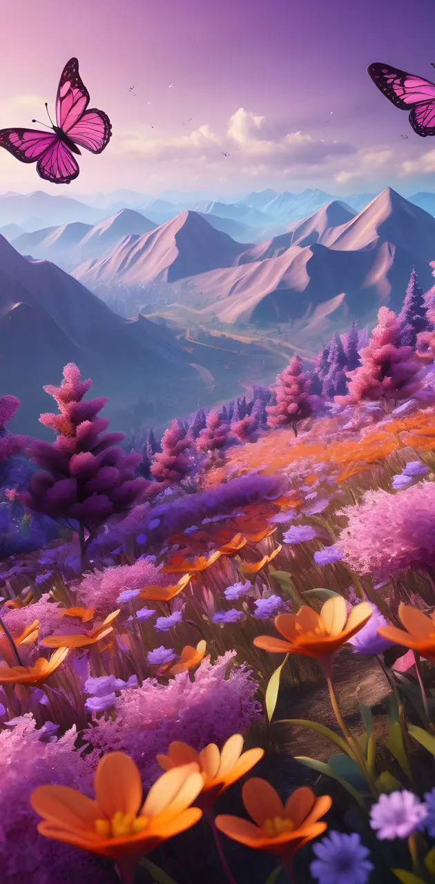 a group of colorful flowers with mountains in the background