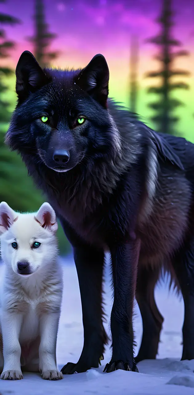a black wolf and a white wolf 
in the snow