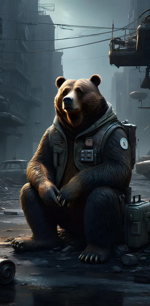 a bear wearing a vest