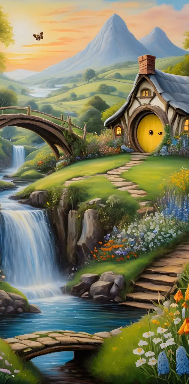 Painting of a house and a stream with a bridge in Hobbiton Shire LOTR