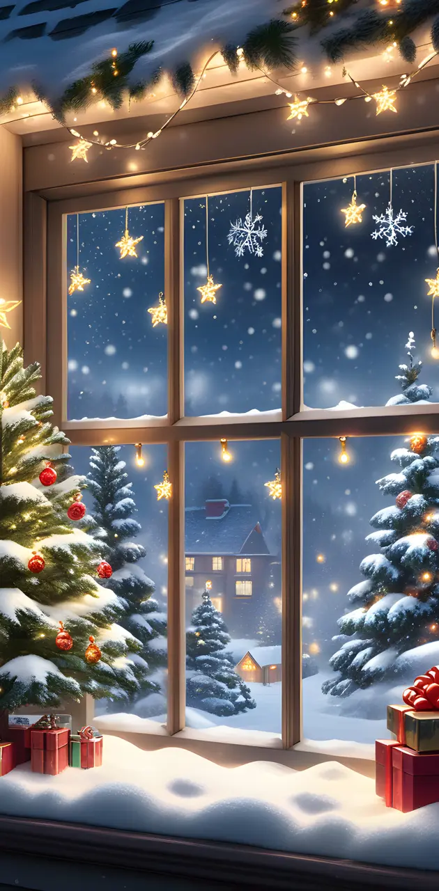 window snow flakes snow falling Christmas tree